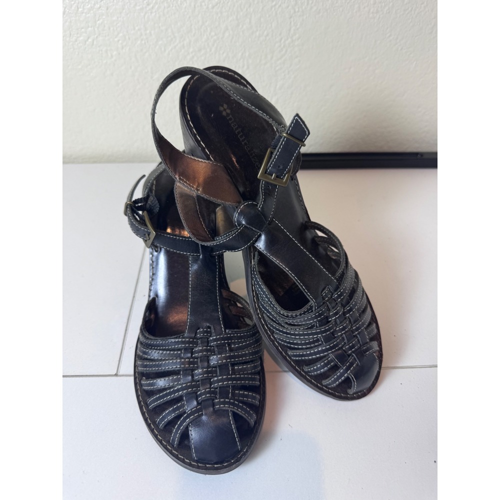 Vintage Naturalizer Wedge Sandals Women 7.5M Black Leather Strappy Cutout Boho
